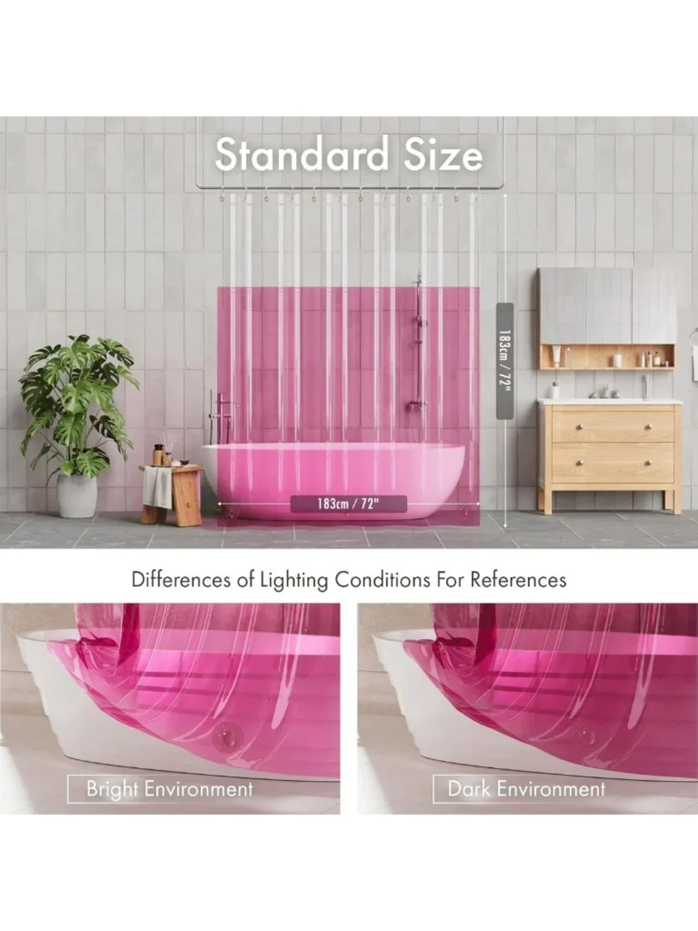 Heavy Duty 72x72 Shower Curtain Liner, 2-in-1 Color Block, Clear & Pink